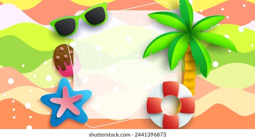 Una ilustración temática de verano en estilo de corte de papel con una colección de iconos de verano que incluyen gafas de sol, un conservador de vida, una estrella de mar y un cono de helado. Ilustración vectorial.