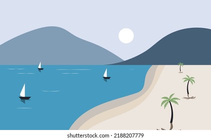 Summer fun time relax scenery of beach tree mountain boat travel in sea