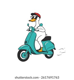 Summer Fun Travel Concept With Cartoon Duck on Scooter Wearing Hat and Sunglasses
