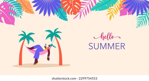 Summer fun tropical leaves background, Woman with cocktail glass relaxing in hammock at the beach.