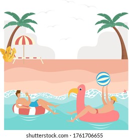 Summer fun vacation vector concept: men lying on inflatable swim rings while playing beach ball