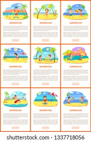 Summer fun vector, children on beach summertime vacation of kids. Seaside tropics, exotic nature. Boy eating watermelon, girl in lifebuoy, drawing on sand