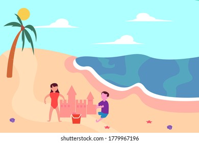 Summer fun vector concept: children constructing sand castles at the beach