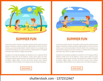 Summer fun vector, kids playing at beach, posters with text. Water fight guns loaded with liquid, boys on vacation having fun together flat style