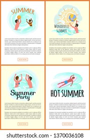 Summer fun vector, people on vacation summertime seasonal holidays. Male throwing inflatable ball, waterpolo and surfing man, swimming couple set