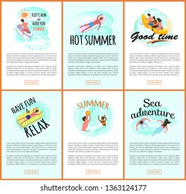 Summer fun vector, people relaxing by seaside, man and woman swimming in water. Jet ski hobby of person, banana boat ride, surfing male, laying on mattress