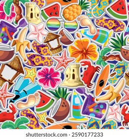 Summer Fun vibes Elements Stickers, coconuts, bananas, hibiscus, kayak, watermelon, starfish, crab and more, vector seamless pattern