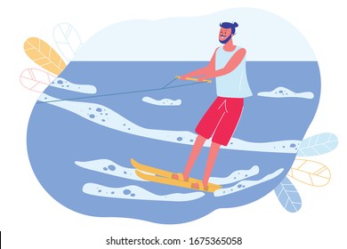 Summer Fun, Water Skiing, Pair Skiing Cartoon. Guy is Skiing, Holding on to Cable. Man Moves on Surface Water on Jet Ski and Laughs. Guy Rejoices and Catches Wave. Vector Illustration.