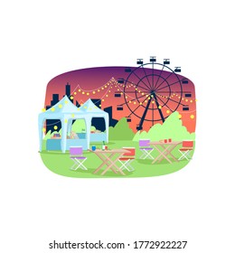 Summer funfair semi flat vector illustration. Tables and food selling tents near ferris wheel 2D cartoon landscape for commercial use. Evening street festival. Amusement park recreation