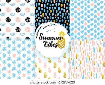 Summer Funky Seamless Patterns. Vector Illustration of Nature Tile Background.