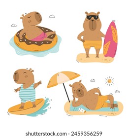 Summer funny capybaras surf and relax vector set