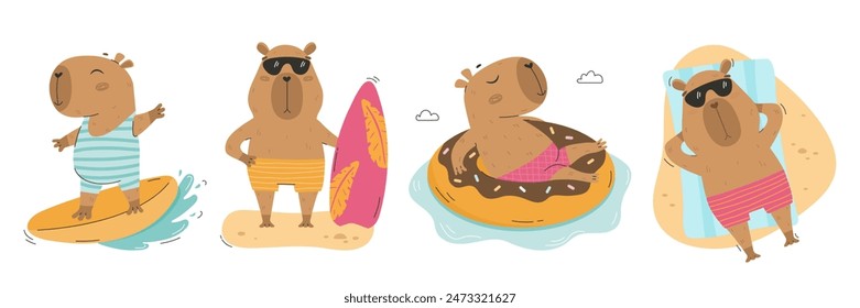 Summer funny capybaras surf and relax vector set