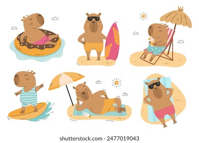 Summer funny capybaras surf and relax vector set