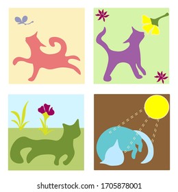 Summer funny cats. Hand drown doodle style. For greeting card, t shirt print, banners and element design