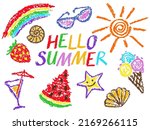 Summer funny hand drawn symbols vector set. Fruits, ice cream, sun, glasses, drinks, shells. Like kids colorful crayon, pastel, chalk or pencil stroke. Doodle cartoon art. Hello outdoor happy time
