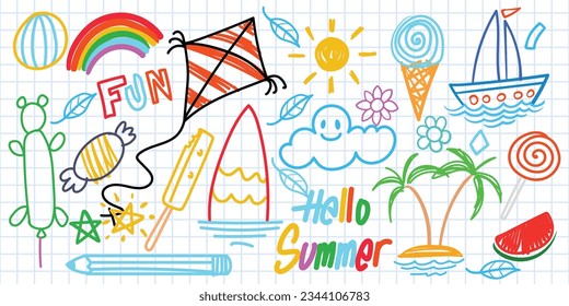 Summer funny hand drawn symbols vector set. Fruits, ice cream, sun, kite. Like kids colorful crayon, pastel, candy, rainbow, coconut, chalk, cloud, candy, watermelon, rainbow or pencil stroke.