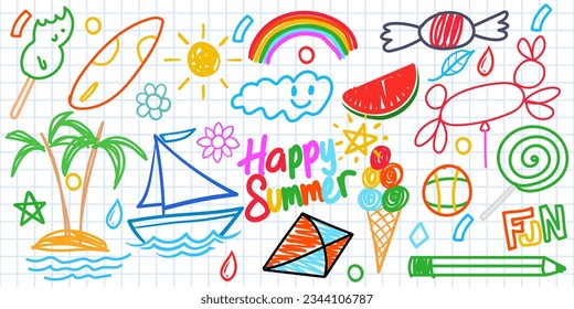 Summer funny hand drawn symbols vector set. Fruits, ice cream, sun, kite. Like kids colorful crayon, pastel, candy, rainbow, coconut, chalk, boat, cloud, candy, watermelon, rainbow or pencil stroke.