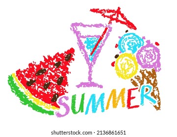 Summer funny hand drawn vector symbols. Ice cream, drink, watermelon. Like kids style colorful crayon, pastel, chalk or pencil stroke. Doodle cartoon concept art. Hello outdoor happy time