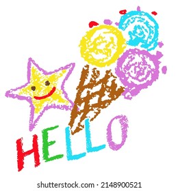 Summer funny hand drawn vector symbols. Ice cream and smiling star. Like kids style colorful crayon, pastel, chalk or pencil stroke. Doodle cartoon concept art. Hello outdoor happy time