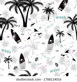 Summer funny seamless pattern design. Shark with sunglasses, palm tree, surfboard, wave and seashell.
