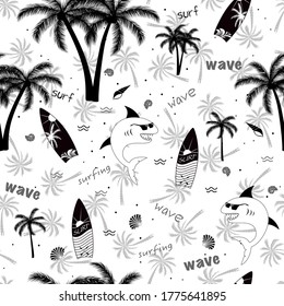 Summer funny seamless pattern design. Shark with sunglasses, palm tree, surfboard, wave and seashell.
