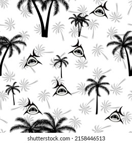 Summer funny seamless pattern design. Shark and palm tree.