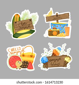 Summer funny stickers. Cartoon style. Vector illustration