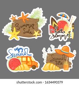 Summer funny stickers. Cartoon style. Vector illustration
