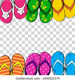 Summer funny transparent background with bright colorful flip flop, foot wear. Comic book style, space for your text. Vector illustration