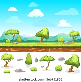 Summer game design landscape with green trees grass blue sky stones and natural elements vector illustration