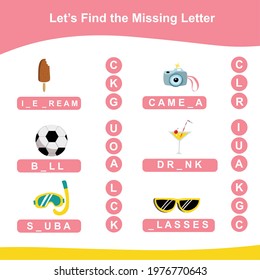 Summer game finds the missing letter game for Preschool Children. Missing letters game and write them in the appropriate places. Educational spelling printable game worksheet. Additional puzzle