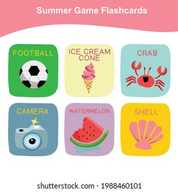 Summer Game Flashcards for Preschool Children. Cute flashcards for kids’ education. Educational printable game cards. Preschool Education. Vector illustration.