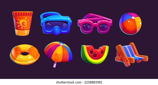 Summer game icons, cartoon vector isolated. Cute accessories for beach or pool leisure, sunscreen in tube and sunglasses, snorkel mask and chair, inflatable ring and ball, umbrella, watermelon piece