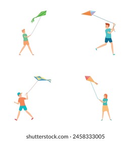 Summer game icons set cartoon vector. People with kite flying in sky. Outdoor activity, leisure