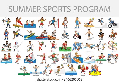 Summer Games athletes isolated on white background in cartoon style. Summer Games 2024. All disciplines. Vector illustration.