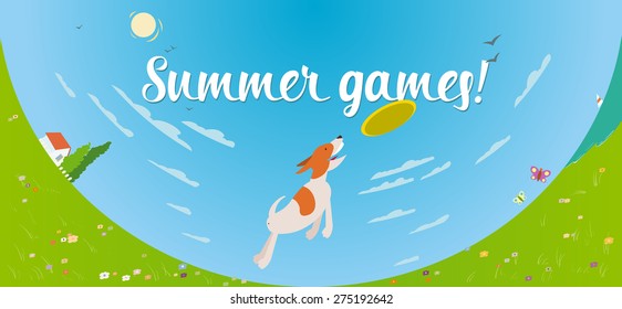 Summer games banner with dog catching flying disc