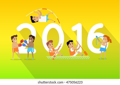 Summer games colorful banner. Active way of life concept. Competitions, achievements, best results. Happy cartoon characters going in for sport. Flyer, template, poster 2016. Vector illustration.