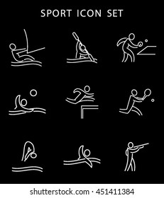 Summer Games Icons set. Sport logo collection. Sailing, canoe slalom, water polo, tennis, athletics, diving, swimming, table tennis, shooting. Isolated black sings on white background.