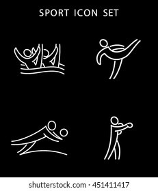 Summer Games Icons set. Sport logo collection. Vector illustration. Synchronised swimming, taekwondo, beach volleyball, boxing. Isolated white sings on black background. Usable for infographics.