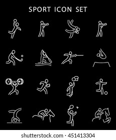Summer Games Icons set. Sport logo collection. Vector illustration. Isolated white sings on black background. Usable for infographics.