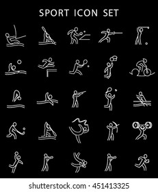 Summer Games Icons set. Sport logo collection. Vector illustration. Isolated white sings on black background. Usable for infographics.
