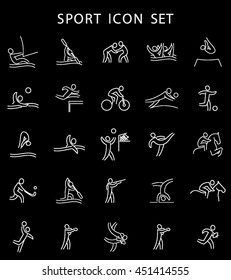 Summer Games Icons set. Sport logo collection. Vector illustration. Isolated white sings on black background. Usable for infographics.