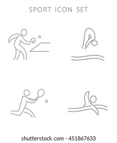 Summer Games Icons set. Sport logo collection. Tennis, gymnastics, swimming, table tennis. Vector illustration. Isolated black sings on white background. Usable for infographics.