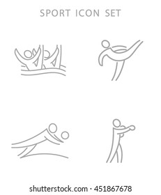 Summer Games Icons set. Sport logo collection. Vector illustration. Synchronised swimming, taekwondo, beach volleyball, boxing. Isolated black sings on white background. Usable for infographics.