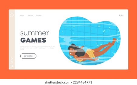 Summer Games Landing Page Template. Little Girl Character Paddles Through The Shimmering Water Of Swimming Pool, Her Face Beaming With Delight. Child Joy And Carefree Fun. Cartoon Vector Illustration