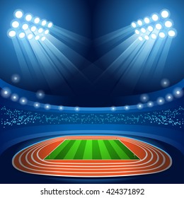 Summer Games. Stadium Background Nocturnal View. Flat Overture Ceremony Event Athletes On Torch Background. Sport Stadium Events Summer Games Athletics Arena Vector Illustration