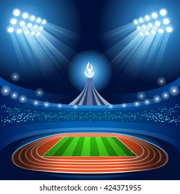 Summer Games. Stadium Background Tokyo Nocturnal View. Flat Overture Ceremony Event Athletes on Torch Background. Sport events Stadium Tokyo Summer Games Athletics Arena Vector Illustration