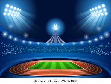 Summer Games Stadium field Background View. Flat Overture celebration Ceremony Tokyo night lights. Event Athlete Torch Background. Sport Stadium ring Tokyo Games Athletic Arena Vector Illustration