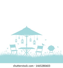 Summer Garden Barbecue Silhouette Horizontal Border Background Turquoise