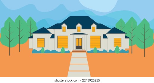 Summer garden with beige house, green trees. Country landscape. Free Vector vector flat illustration